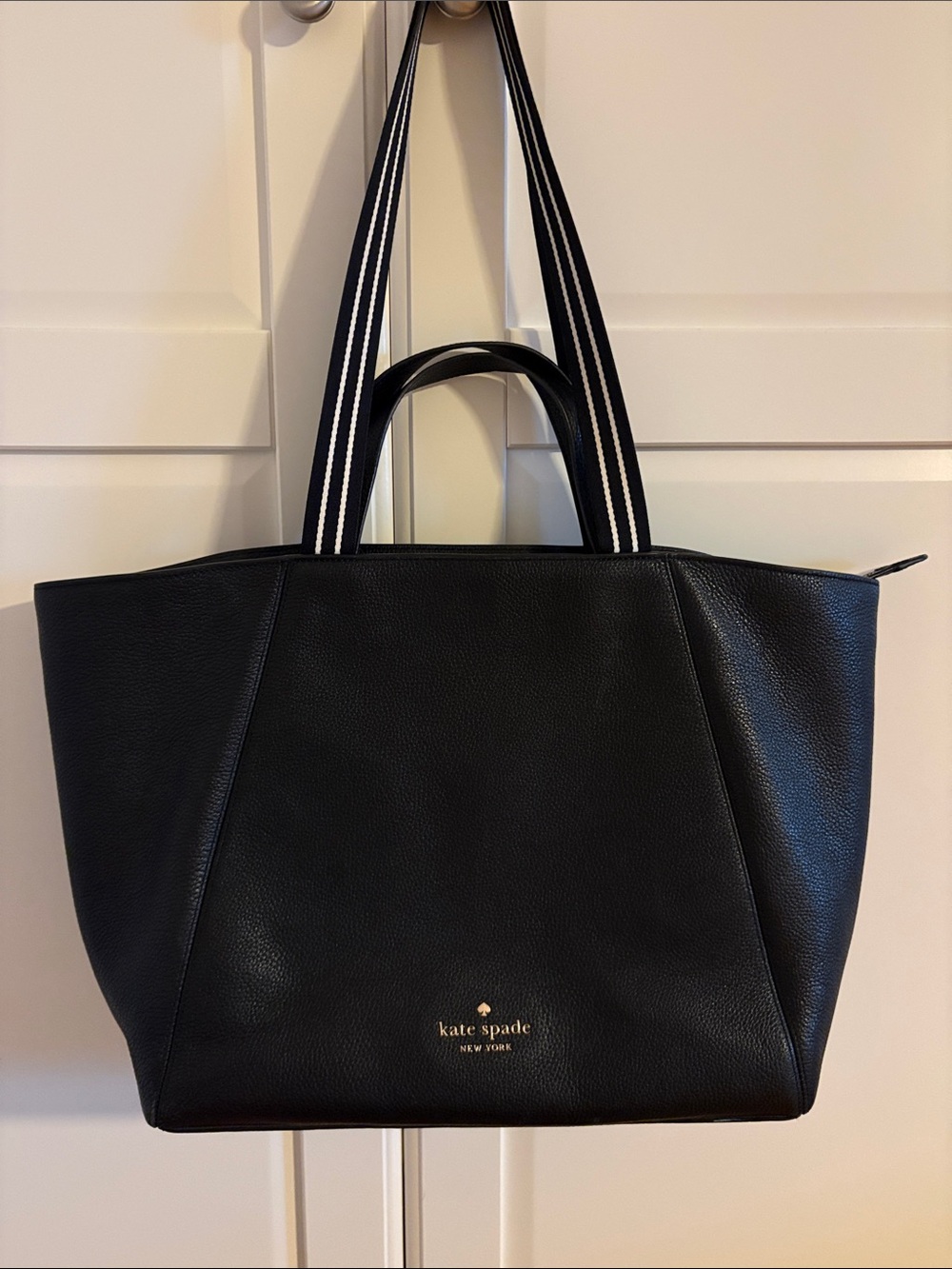 Kate Spade Black Leather Tote Bag - Striped Shoulder Straps